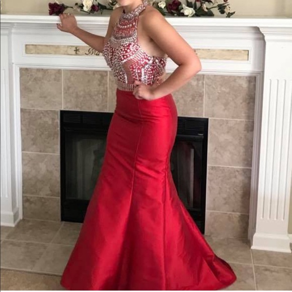 open lace back dress Spaghetti Straps Two Piece Red Sequins Prom Dress with Slit  FancyVestido